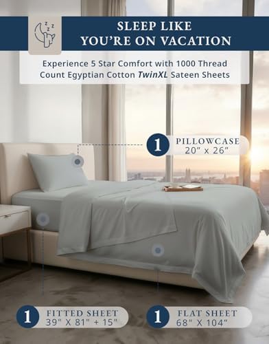 LANE LINEN Twin XL Sheets for Adjustable Bed 100% Egyptian Cotton - Silver
