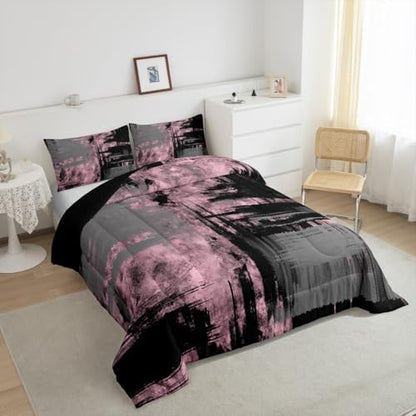 Kids Pink Grey Black Bedding Set Full Size Abstract Duvet Quilt for Boys Girls Teens Bedroom Decor Geometric Comforter Set Breathable Soft Lightweight Microfiber Women Men Modern with 2 Pillow Case