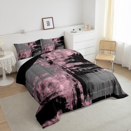 Kids Pink Grey Black Bedding Set Queen Size Abstract Duvet Quilt for Boys Girls Teens Bedroom Decor Geometric Comforter Set Breathable Soft Lightweight Microfiber Women Men Modern With 2 Pillow Case