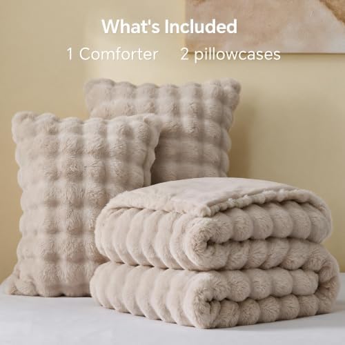 BEDELITE Faux Fur Comforter Set Queen,Thick Winter Comforter,Khaki