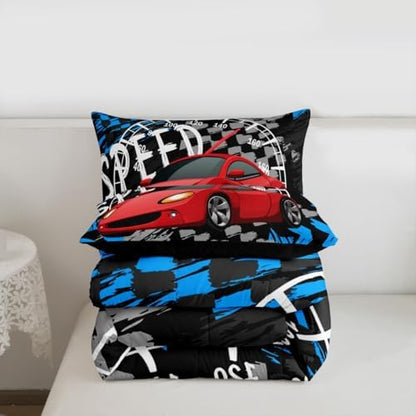 Feelyou Boys Race Car Bedding Set Cool Race Sports Car Set Comforter Set for Kids Boys Sports Theme Duvet Set Checkered Comforter Red 1 Comforter Set with 1 Pillowcase Twin Size