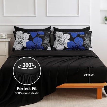 Blue Comforter Set Queen Size, 7 Pieces Floral on Black Bed in a Bag