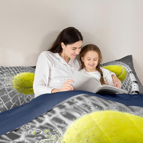 Castle Fairy Tennis Sports Bedding Set Toddler Size 3D Tennis Racket Comforter Set for Girls Boys Room Decor Fashion Sport Ball Games Down Comforter Yellow Grey Quilt Set with 1 Pillowcase