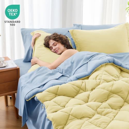 MUXHOMO 5 Pieces Twin Comforter Set, Reversible Bed in a Bag Twin Size, All Season Bedding Set with Comforter, Flat Sheet, Fitted Sheet, Pillowcases & Shams, Light Yellow & Light Blue