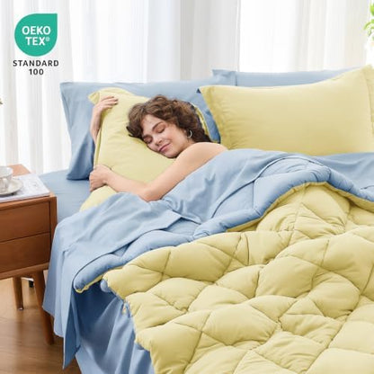 MUXHOMO 7 Pieces California King Comforter Set, Reversible Bed in a Bag Cal King Size, All Season Bedding Set with Comforter, Flat Sheet, Fitted Sheet, Pillowcases & Shams, Light Yellow & Light Blue