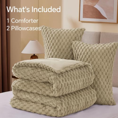 BEDELITE Fluffy King Size Comforter Set, Taupe Fleece Bed Set 3 Pieces