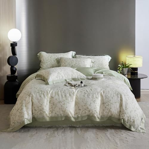 VM VOUGEMARKET Green Flower Duvet Cover Twin Cooling Lyocell Comfoter Cover Set for Hot Sleeper,Moisture Wicking Silky Bedding Set-Mint Green