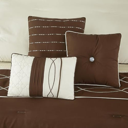 LANCO MODERN LIFESTYLE 7 Piece Comforter Set, Queen, Brown Geometric Clip Design, 100% Polyester, Luxury All Seasons Bed Set Includes Comforter, Bed Skirt, Pillow Shams, and Decorative Pillows