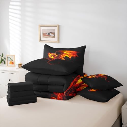 Feelyou Fire Breathing Dragon Comforter Set King 7 Pieces Flaming Dragon Bedding Set for Boys Girls Mythical Creature Print Bed in a Bag Dragon Silhouette Art Room Decor Quilted Soft Lightweight