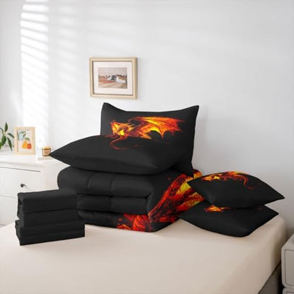 Feelyou Fire Breathing Dragon Comforter Set King 7 Pieces Flaming Dragon Bedding Set for Boys Girls Mythical Creature Print Bed in a Bag Dragon Silhouette Art Room Decor Quilted Soft Lightweight