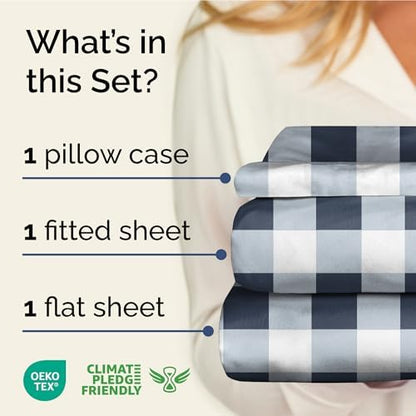 Twin XL 3 Piece Striped Sheet Set - Breathable & Cooling - Navy Gingham