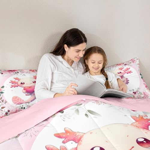 Feelyou Pink Cute Axolotl Comforter Set Queen Size Kids Cartoon Salamander Bedding Set for Boys Girls Flower Floral Pattern Duvet Quilt Kawaii Reptile Animal Ocean Sealife Room Decor