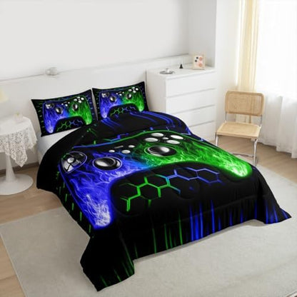 Erosebridal Honeycomb Gaming Boys Comforter Set Blue Green Neon Lights Game Console King Bedding Set Ombre Art Geometric Hexagon Beehive Duvet Set Gamer Room Decor for Boys