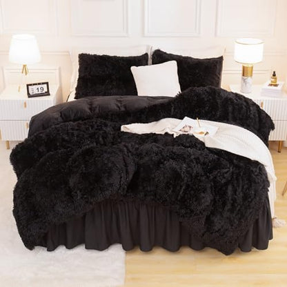Andency Twin Comforter Set Black, Fluffy Faux Fur Warm Bedding Set