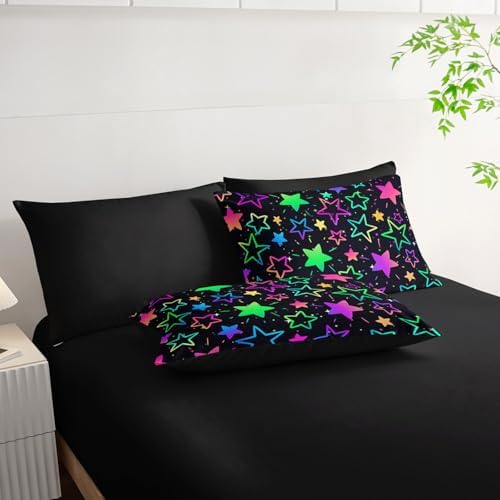 7pcs Comforter Set Colorful Stars Printed Bedding Set with 1 Comforter, 1 Flat Sheet, 1 Fitted Sheet and 4 Pillowcases for Boys and Girls Bedroom (Stars Queen
