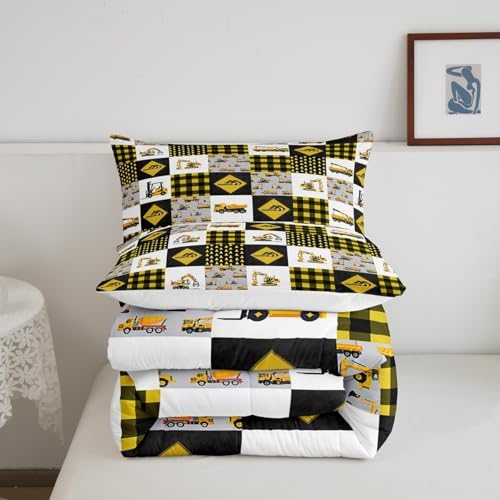 Homewish Yellow Trucks King Size Comforter Set,Kids Crane Excavator Decor All Season Bedding Set,Teens Car Grid Comforter,Under Construction Decor Quilt Set Bedroom Collection 3Pcs