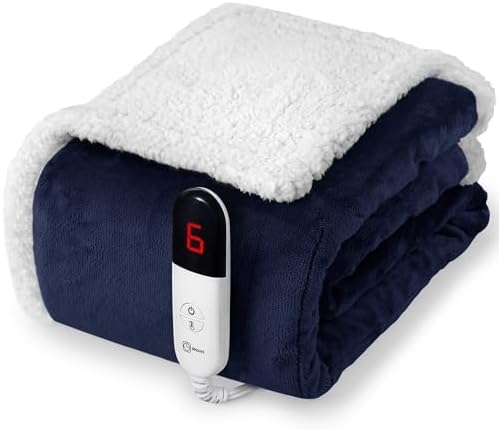 Heated Blanket Twin Size Electric Blanket - Heating Blanket with 6 Heat Levels & 4 Hours Auto-Off, Cozy Soft Fleece Sherpa Blanket, Washable, Fast Heating, 62 x 84 Inches, Navy