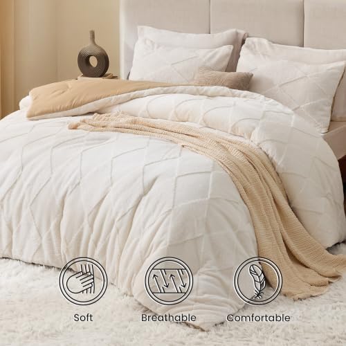 EXQ Home Tufted Diamond Comforter Set Queen, 3 Pieces Bed Set,Beige