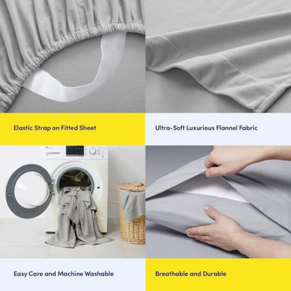Sweet Home Collection Flannel Sheet Set, Silver King, Deep Pocket Soft Brushed Microfiber All-Season Bedding with Fitted Sheet, Flat Sheet & Pillowcase(s)