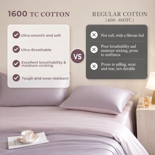 Queen Size Duvet Cover, 100% Egyptian Cotton,1600 Thread Count, Reversible Duvet Cover, Soft and Breathable Satin Bedding Set, All Seasons (Heather Light Purple, 90"x90")