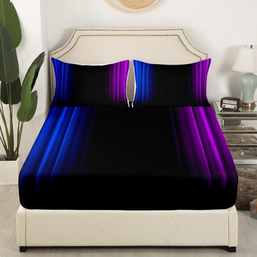 Feelyou Teens Abstract Ombre Decorations Bedding Set for Kids Women Blue Purple and Black Bed Sheets Set Geometric Modern Fitted Sheet Sets Room 4Pcs Queen Size