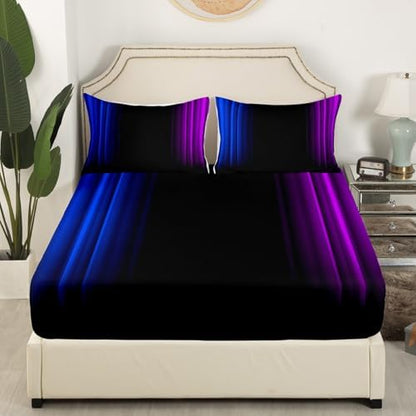 Feelyou Teens Abstract Ombre Decorations Bedding Set for Kids Women Blue Purple and Black Bed Sheets Set Geometric Modern Fitted Sheet Sets Room 4Pcs Queen Size