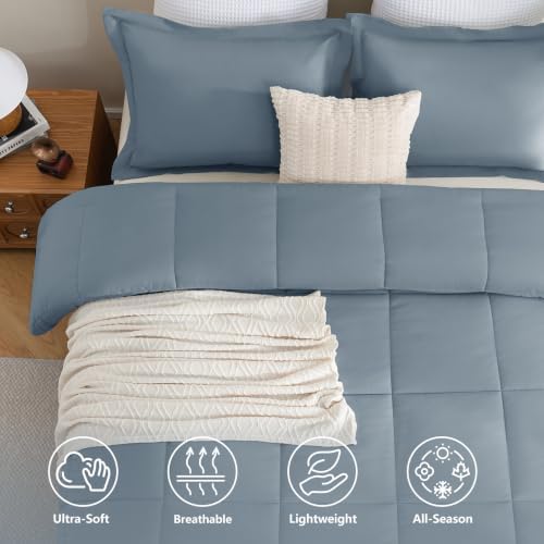 CozyLux Oversized Queen Comforter Set, 3-Piece Box-Stitched, Grayish Blue