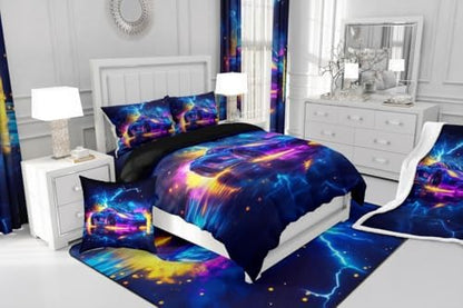 Erosebridal Neon Race Car Bed for Boys,Cool Watercolor Sports Car Comforter Toddler Size for Kids Boys Girls,Extreme Sports Car Racing Games Bedding Sets,Teal Blue Lightning Duvet Insert,Purple Blue