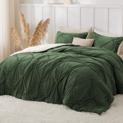BEDELITE Fluffy Sherpa Queen Comforter Set,Pintuck-Olive Green