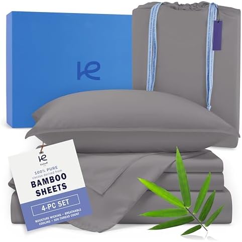 Kickoff Viscose Bamboo Sheets Full Size 4-pc 100% Organic Bamboo Viscose Bed Cooling Sheets Full Size Set Cool Bedding for hot Sleepers Sheet Set - Gift Ready Packaging (Dark Grey, F)