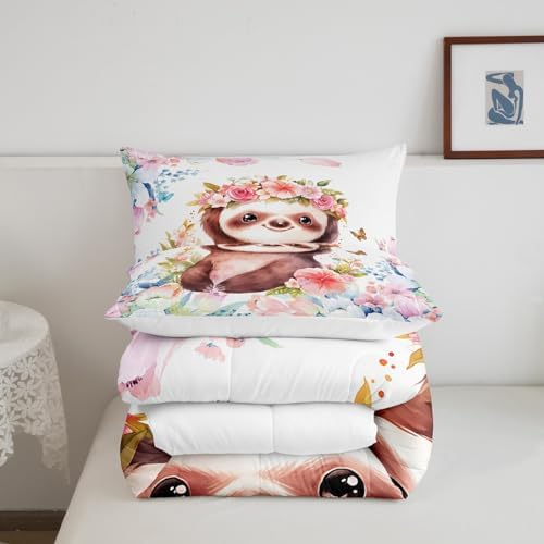 Feelyou Cute Sloth Comforter Set King Size Kids Cartoon Animal Comforter for Boys Girls Teens Flower Floral Print Bedding Set Farm Zoo Garden Theme Duvet Set Room Decor Quilt Set
