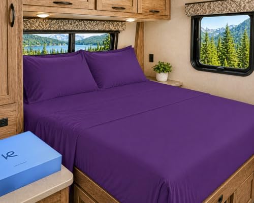 Kickoff Viscose Bamboo Sheets RV Short Queen Size 4-pc 100% Organic Bamboo Viscose Bed Cooling Sheets Set (60" x 75") Cool Bedding for hot Sleepers Sheet Set - Gift Ready Packaging (Purple, SQ)