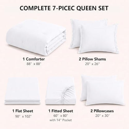 HIMEET Queen Comforter Set, 7-Piece Point-Quilted Bed in a Bag White