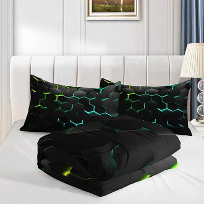 Geometric Green Black Neon Comforter Set,Light Honeycomb 3 Piece Bedding Set Queen for Teen Boys,Modern Bedding Quilt Set Geometry Decor,Microfiber Lightweight 1 Comforter 2 Pillowcases All Season