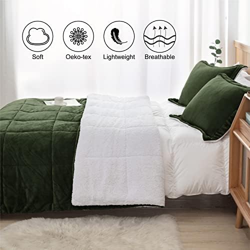 Seward Park Olive Green Sherpa Comforter Set Full Queen Size, All Season Soft Warm Fleece Fall Blanket, Winter Bedding Sets with 2 Pillow Shams