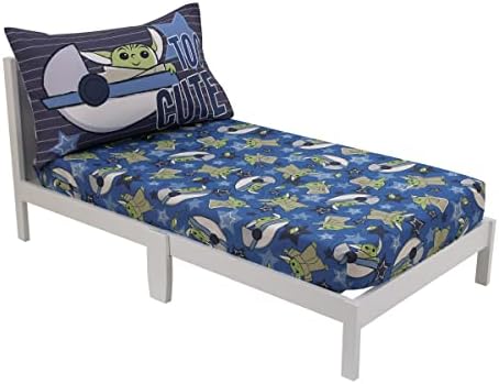 NoJo Star Wars The Child Cutest in The Galaxy Blue, Green, and Gray Grogu and Hover Pod 2 Piece Toddler Sheet Set - Fitted Bottom Sheet and Reversible Pillowcase