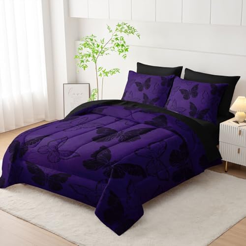 7Pcs Purple Butterfly Comforter Set Black Purple Printed Bedding Set with 1 Comforter, 1 Flat Sheet, 1 Fitted Sheet and 4 Pillowcases for Boys and Girls Bedroom (Butterfly-5 Queen