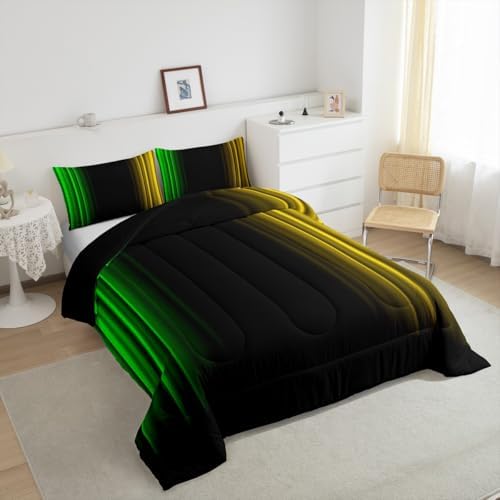 Feelyou Teens Abstract Ombre Decorations Bedding Set for Kids Women Green Yellow and Black Comforter Set Geometric Modern Quilt Set Room 3Pcs Queen Size