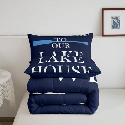 Lake House Comforter Set King Size, Blue Paddle Lake Camper Bedding Set 3pcs, Rustic Farmhouse Lake Life Navy Blue Down Comforter for All Season, Kids Boy Girl Room Decor, 2 Pillowcases, No Sheets