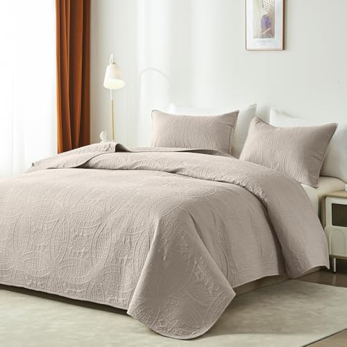 akkialla Taupe Full/Queen Quilt Set, Ultrasonic Lightweight Bedspread Coverlet for Modern Minimalist Bedroom, Soft Microfiber Coin Pattern Bedding, 3-Piece (1 Quilt, 2 Pillow Shams)