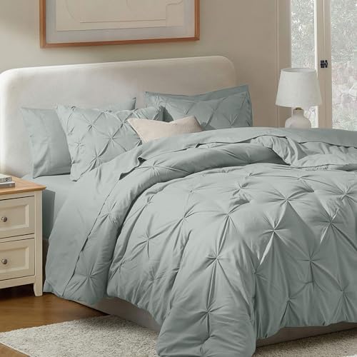 Nestl 9 Piece King Comforter Set – Sage Green Pinch Pleated Bed in a Bag – Complete King Size Bedding Set with Sheets, Set of 2 Cooling Pillows, Pillowcases and Shams