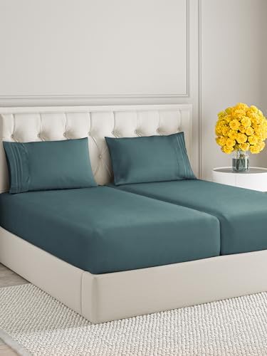 Split King Size 5 Piece Sheet Set - Ultra Soft & Cooling Sheets - Deep Teal