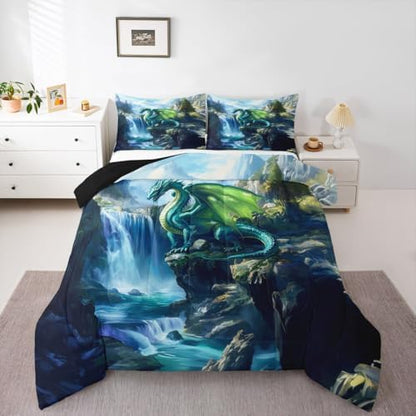 Feelyou Dragon Kids Comforter Set King Size Magical Beast Bedding Set Wild Animal Duvet Quilt for Kids Boys Girls Bedroom Fantasy Animal Decor Jungle Dragon Microfiber Ultra Soft Breathable