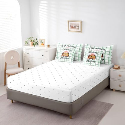 Erosebridal Happy Camping Comforter Set Full Size,Cartoon RV Bedding Set for Kids Teens,Green Buffalo Plaid (Comforter+Fitted+Flat Sheet+2 Pillowcases+2 Throw Pillow Covers) 7 Pieces Bed Set