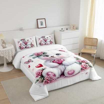 Feelyou Kids Cute Bear Comforter Set King Size Rose Butterfly Love Heart Bedding Set Boys Girls Flowers Floral Quilt Set Cartoon Kawaii Animal Pattern Bed Set
