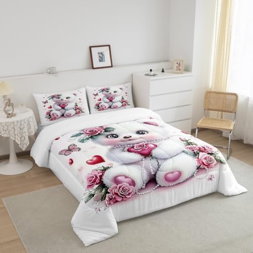 Feelyou Kids Cute Bear Comforter Set Queen Size Rose Butterfly Love Heart Bedding Set Boys Girls Flowers Floral Quilt Set Cartoon Kawaii Animal Pattern Bed Set