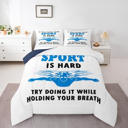 Homewish Swimming Comforter Set Twin Size,Swim Theme Bedding Sets 2Pcs,Water Sports Quilted Duvet for Kids Teens Boys Adult Room Decor,Swimmers Blue White Down Comforter,1 Pillowcase