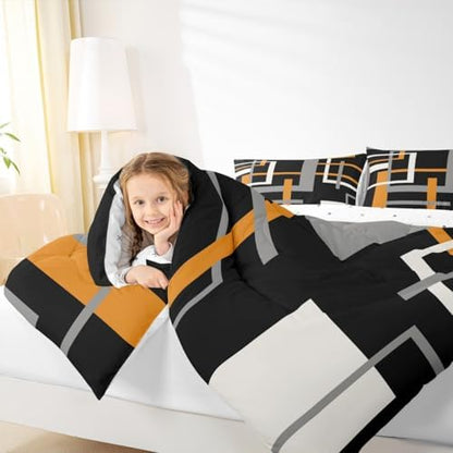 Orange Black Comforter Set for Teens Abstract Square Bedding Set Geometric Art Bedding Home Decor for Kids Comforter Twin Size White and Gray Quilted Duvet Set 1 Comforter with 1 Pillowcase