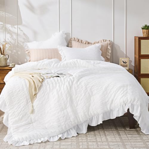JOLLYVOGUE Bright White Full Comforter Set,3pcs Seersucker Comforters Full