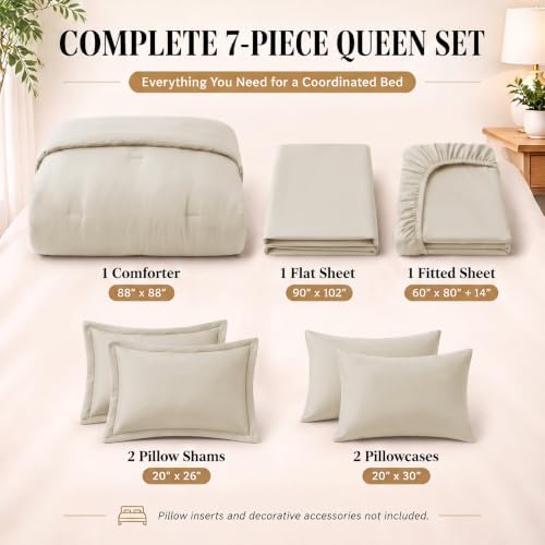 CozyLux Queen Comforter Set Beige, 7 Pieces Bed in a Bag